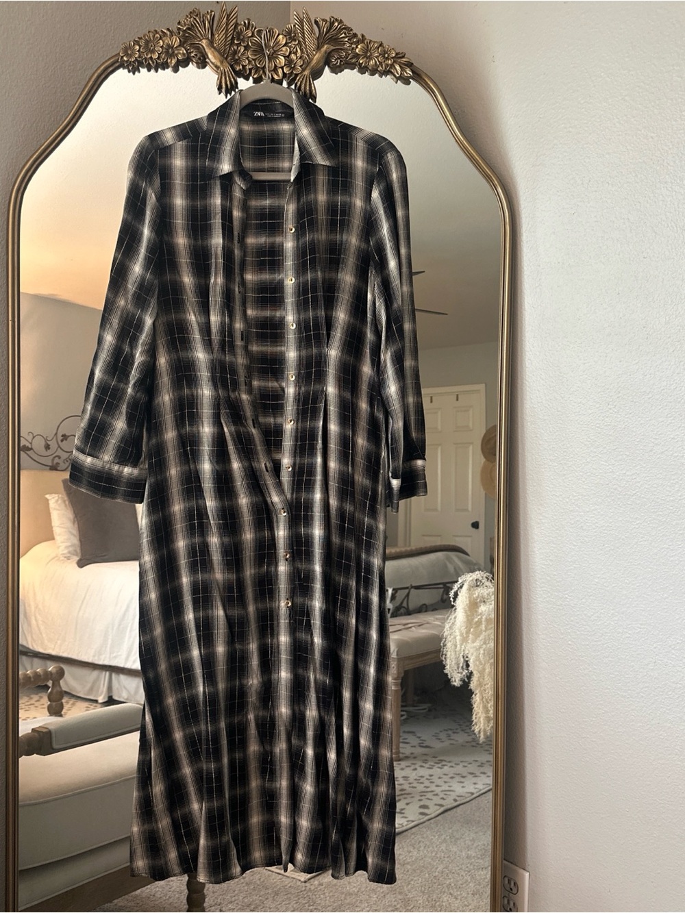 Zara Black and White Plaid Midi Shirt Dress